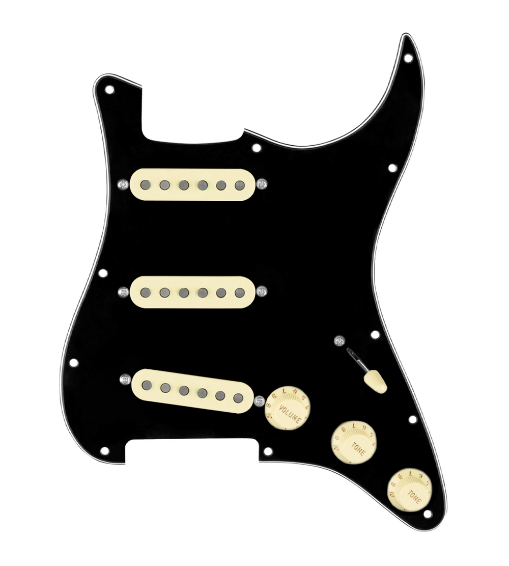 920D Custom Vintage American Loaded Pickguard for Strat With Aged White Pickups, Black Pickguard, and S5W-BL-V Wiring Harness