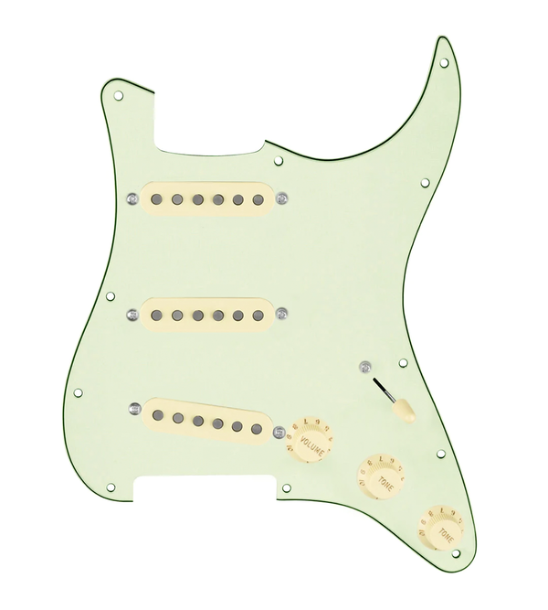 920D Custom Vintage American Loaded Pickguard for Strat With Aged White Pickups, Mint Green Pickguard, and S7W Wiring Harness
