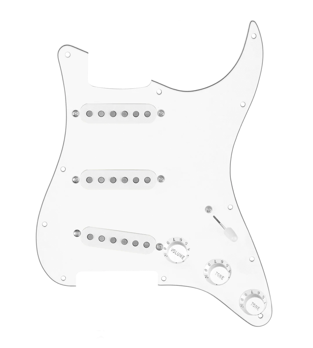 920D Custom Vintage American Loaded Pickguard for Strat With White Pickups, White Pickguard, and S5W-BL-V Wiring Harness