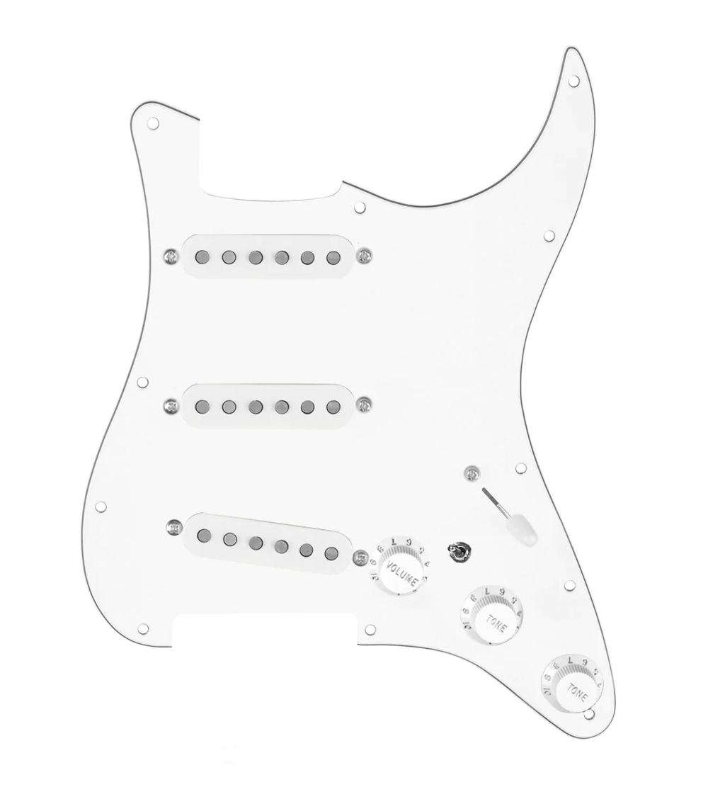 920D Custom Vintage American Loaded Pickguard for Strat With White Pickups, White Pickguard, and S7W-MT Wiring Harness