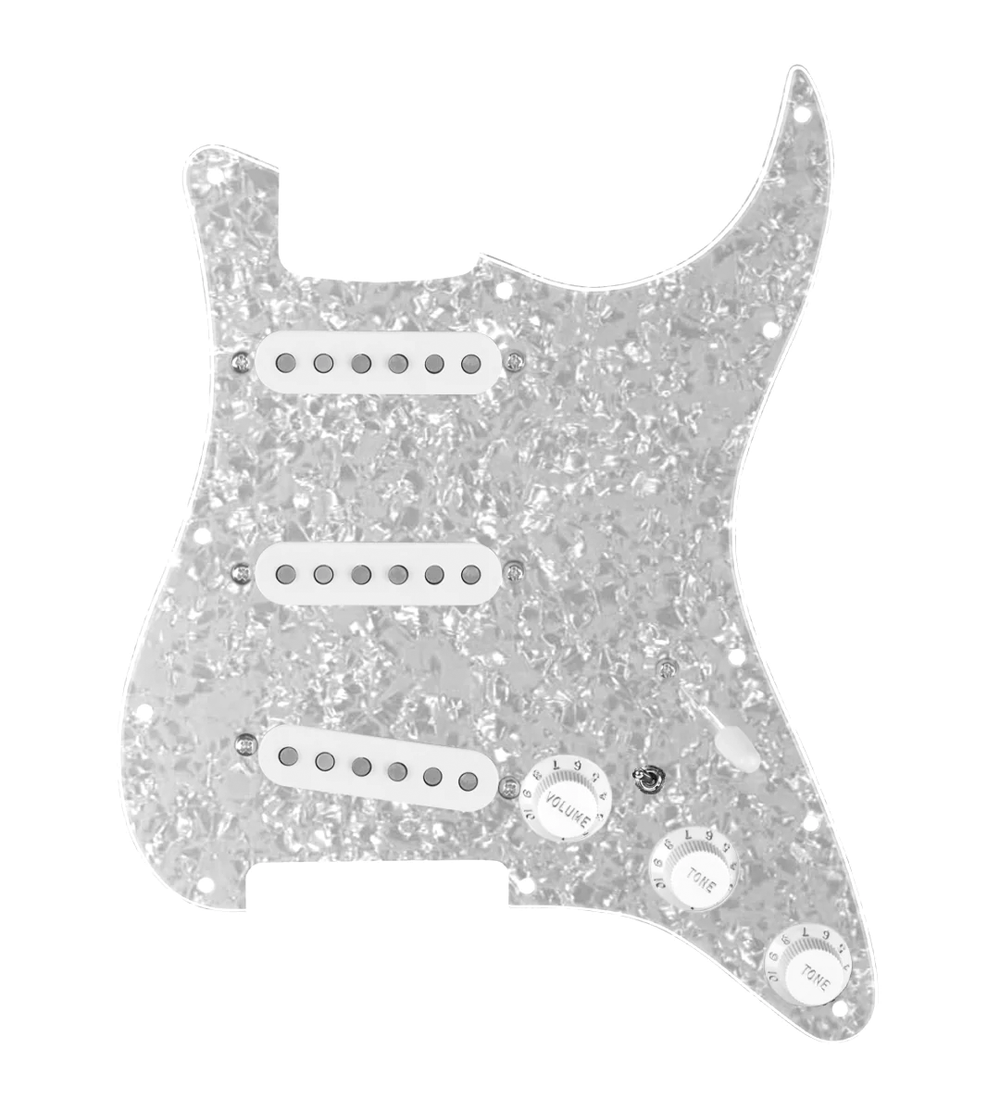 920D Custom Vintage American Loaded Pickguard for Strat With White Pickups, White Pearl Pickguard, and S7W-MT Wiring Harness