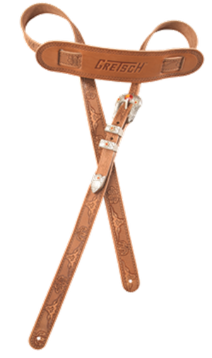 Genuine Gretsch Vintage Tooled Leather Adjustable Guitar Strap, (Russet)