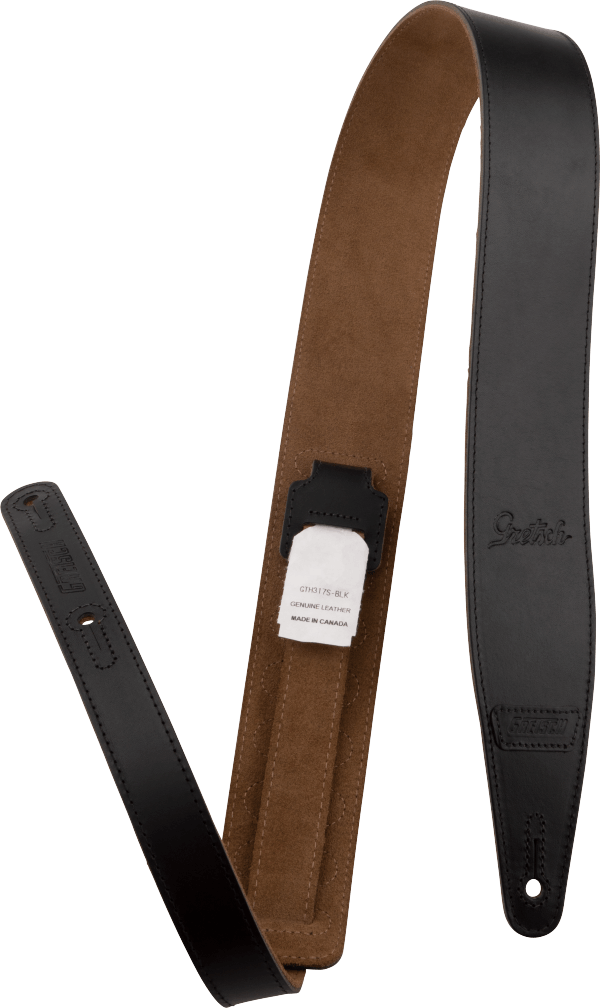 Gretsch Script Logo Leather Guitar Strap, Black, 3" Wide - Made in Canada