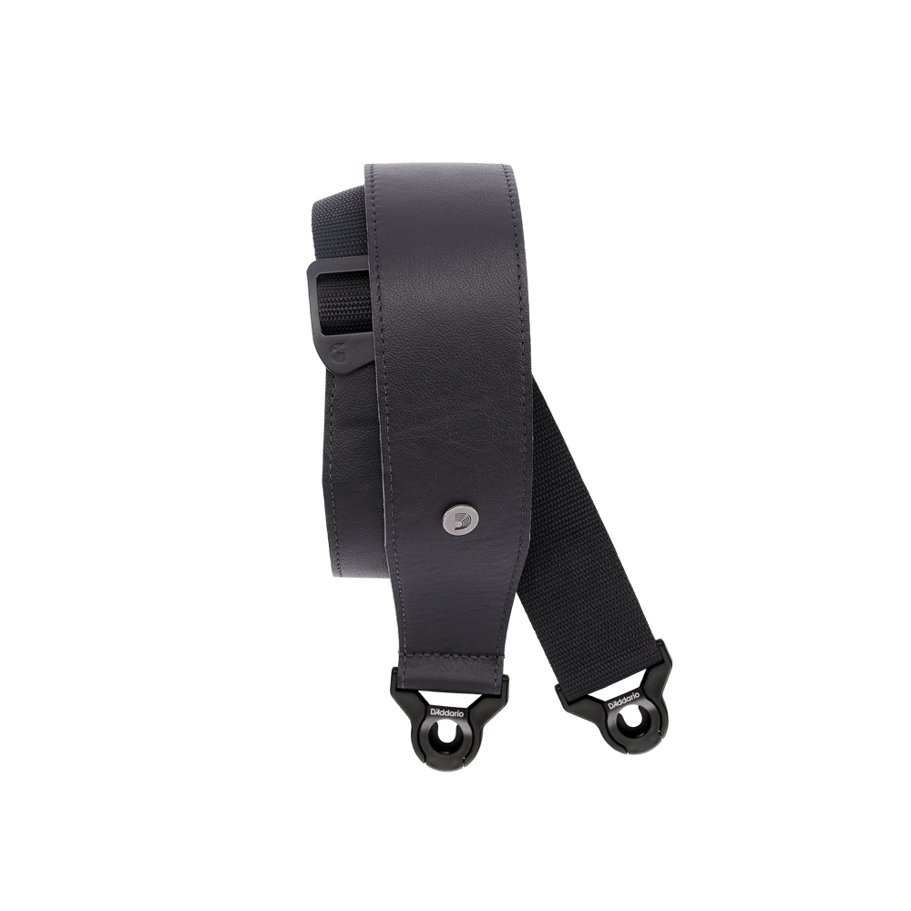 D'Addario 2.5" Wide Auto-Lock Comfort Leather Guitar Strap, Black, 25BAL00