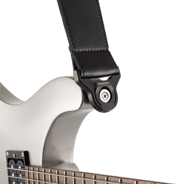D'Addario 2.5" Wide Auto-Lock Comfort Leather Guitar Strap, Black, 25BAL00
