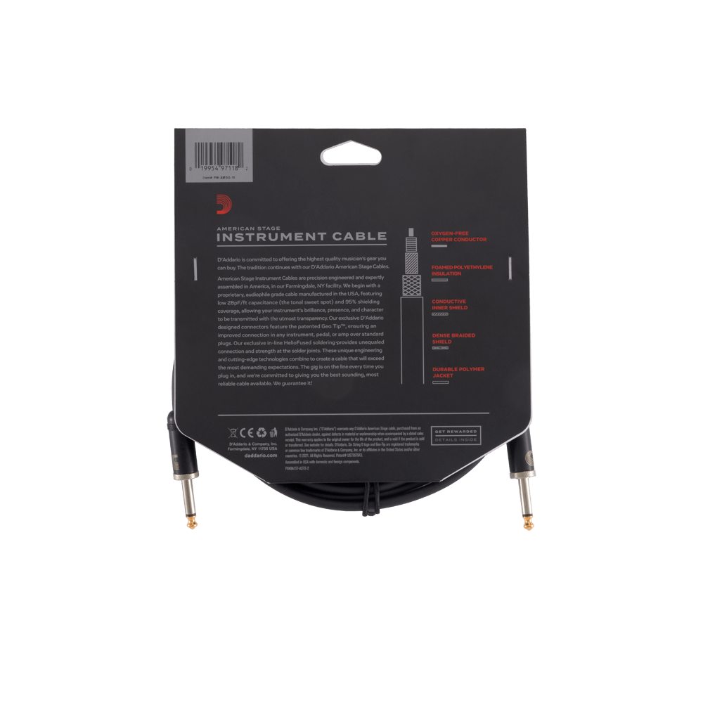 D'Addario American Stage 10' Straight-Ends Guitar Instrument Cable, PW-AMSG-10