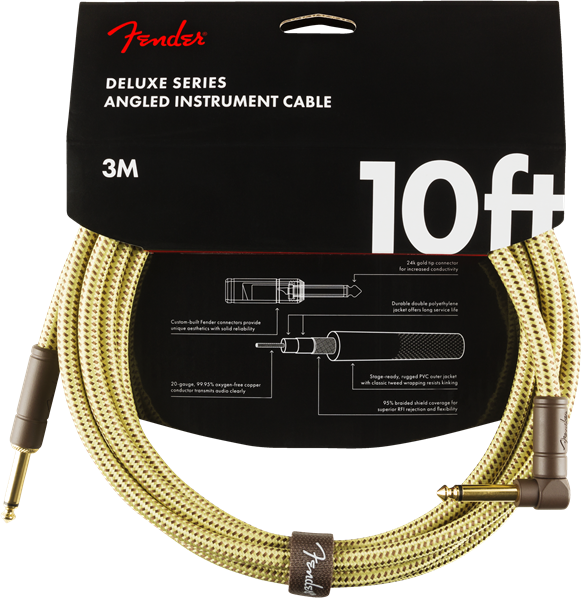 Fender Deluxe TWEED Series Electric Guitar Cable, Right-Angle to Straight 10' ft