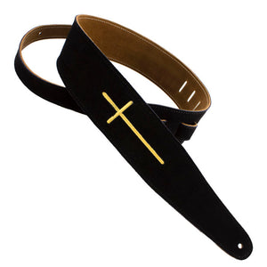 Henry Heller Leather Series, 2.5" Wide Guitar Strap, Black Suede Embroidered Cross