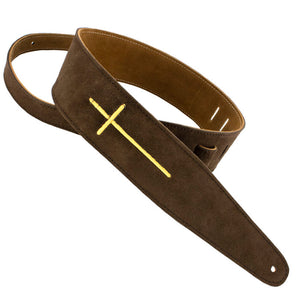 Henry Heller Leather Series, 2.5" Wide Guitar Strap, Chocolate Suede Embroidered Cross