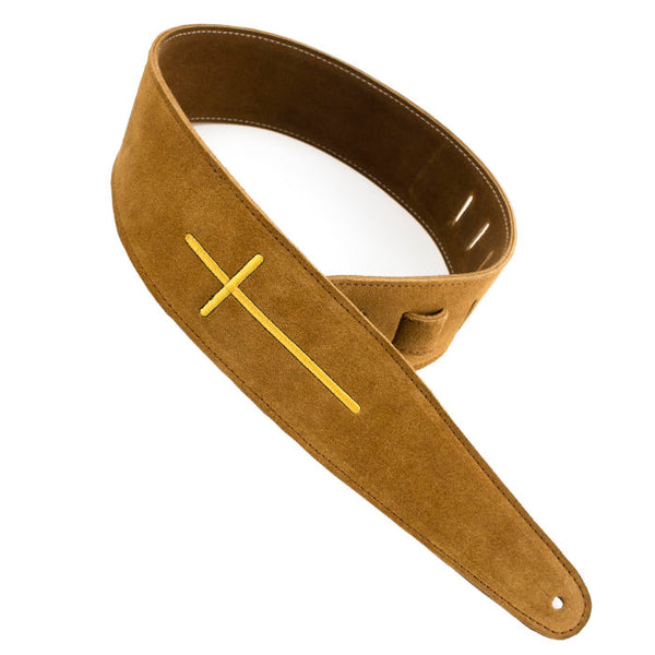 Henry Heller Leather Series, 2.5" Wide Guitar Strap, Brown Suede Embroidered Cross