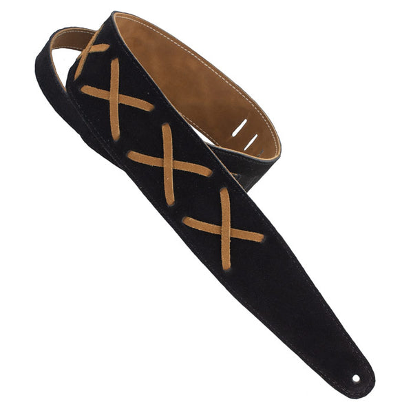 Henry Heller Leather X's, 2.5" Wide Guitar Strap, Black/Brown