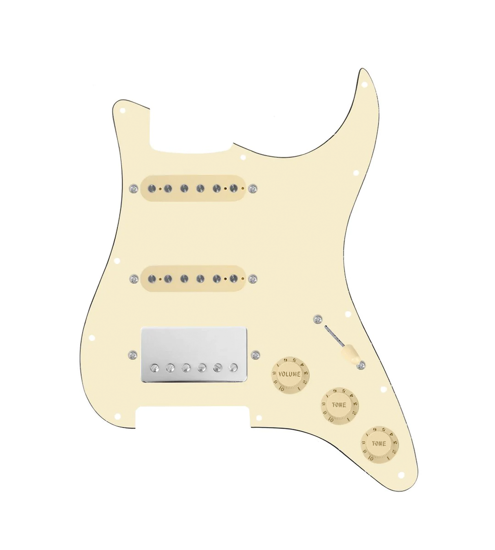 920D Custom HSS Loaded Pickguard For Strat With A Nickel Cool Kids Humbucker, Aged White Texas Grit Pickups, Black Knobs, and Aged White Pickguard