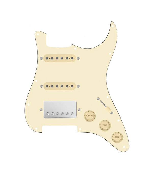 920D Custom HSS Loaded Pickguard For Strat With A Nickel Cool Kids Humbucker, Aged White Texas Grit Pickups, Black Knobs, and Aged White Pickguard