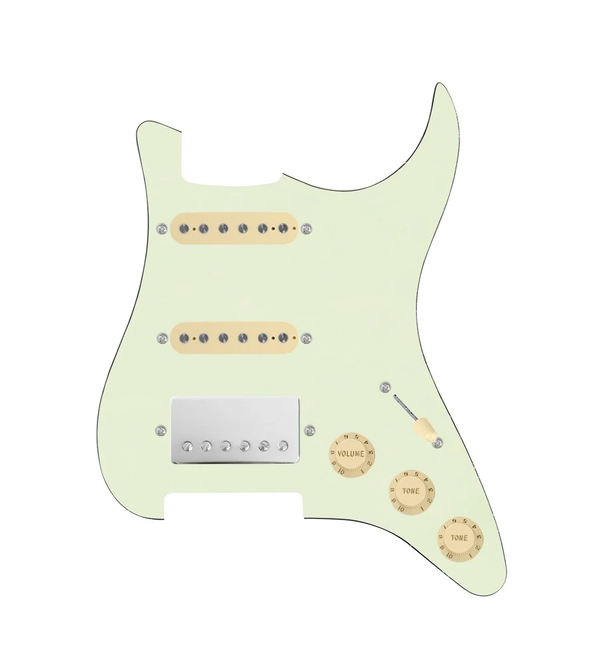 920D Custom HSS Loaded Pickguard For Strat With A Nickel Cool Kids Humbucker, Aged White Texas Grit Pickups, Black Knobs, and Mint Green Pickguard