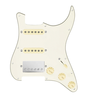 920D Custom HSS Loaded Pickguard For Strat With A Nickel Cool Kids Humbucker, Aged White Texas Grit Pickups, Black Knobs, and Parchment Pickguard