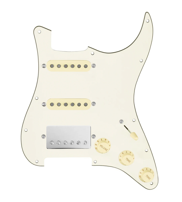 920D Custom HSS Loaded Pickguard For Strat With A Nickel Cool Kids Humbucker, Aged White Texas Grit Pickups, Black Knobs, and Parchment Pickguard