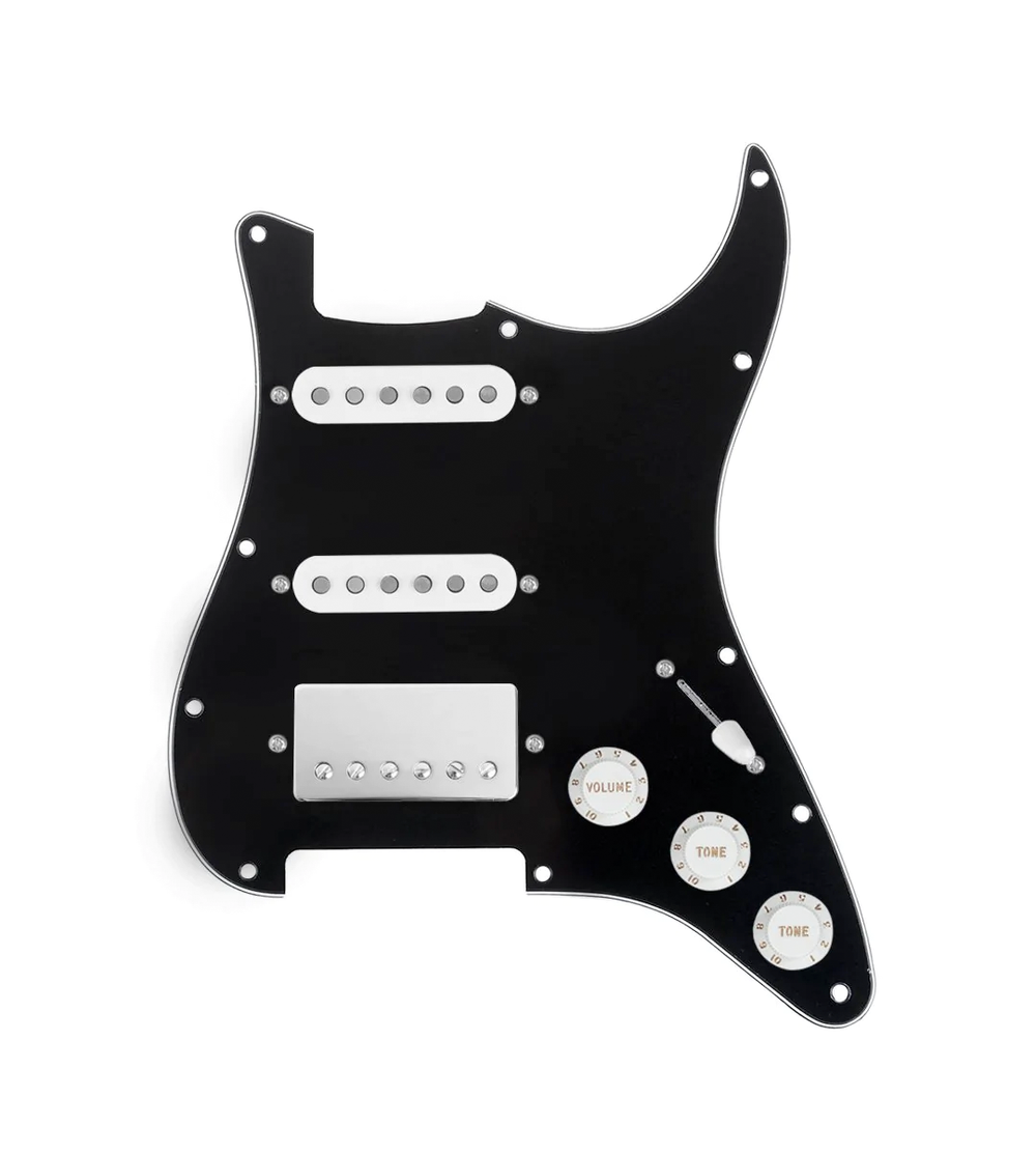 920D Custom HSS Loaded Pickguard For Strat With A Nickel Cool Kids Humbucker, White Texas Grit Pickups, Black Knobs, and Black Pickguard