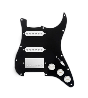 920D Custom HSS Loaded Pickguard For Strat With A Nickel Cool Kids Humbucker, White Texas Grit Pickups, Black Knobs, and Black Pickguard