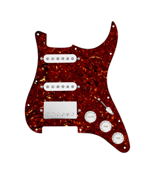 920D Custom HSS Loaded Pickguard For Strat With A Nickel Cool Kids Humbucker, White Texas Grit Pickups, Black Knobs, and Tortoise Pickguard