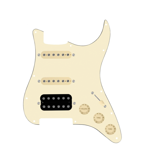 920D Custom HSS Loaded Pickguard For Strat With An Uncovered Cool Kids Humbucker, Aged White Texas Grit Pickups, Black Knobs, and Aged White Pickguard