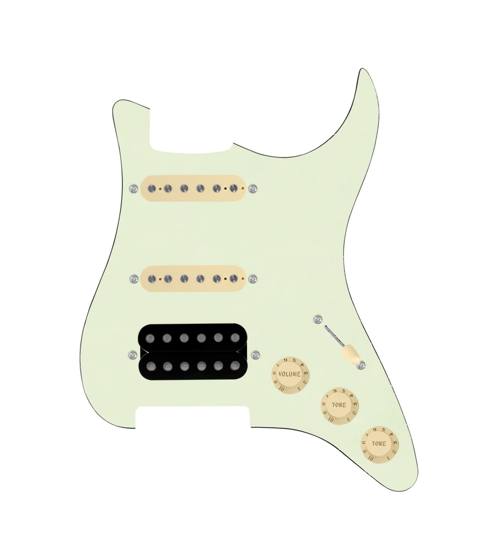 920D Custom HSS Loaded Pickguard For Strat With An Uncovered Cool Kids Humbucker, Aged White Texas Grit Pickups, Black Knobs, and Mint Green Pickguard