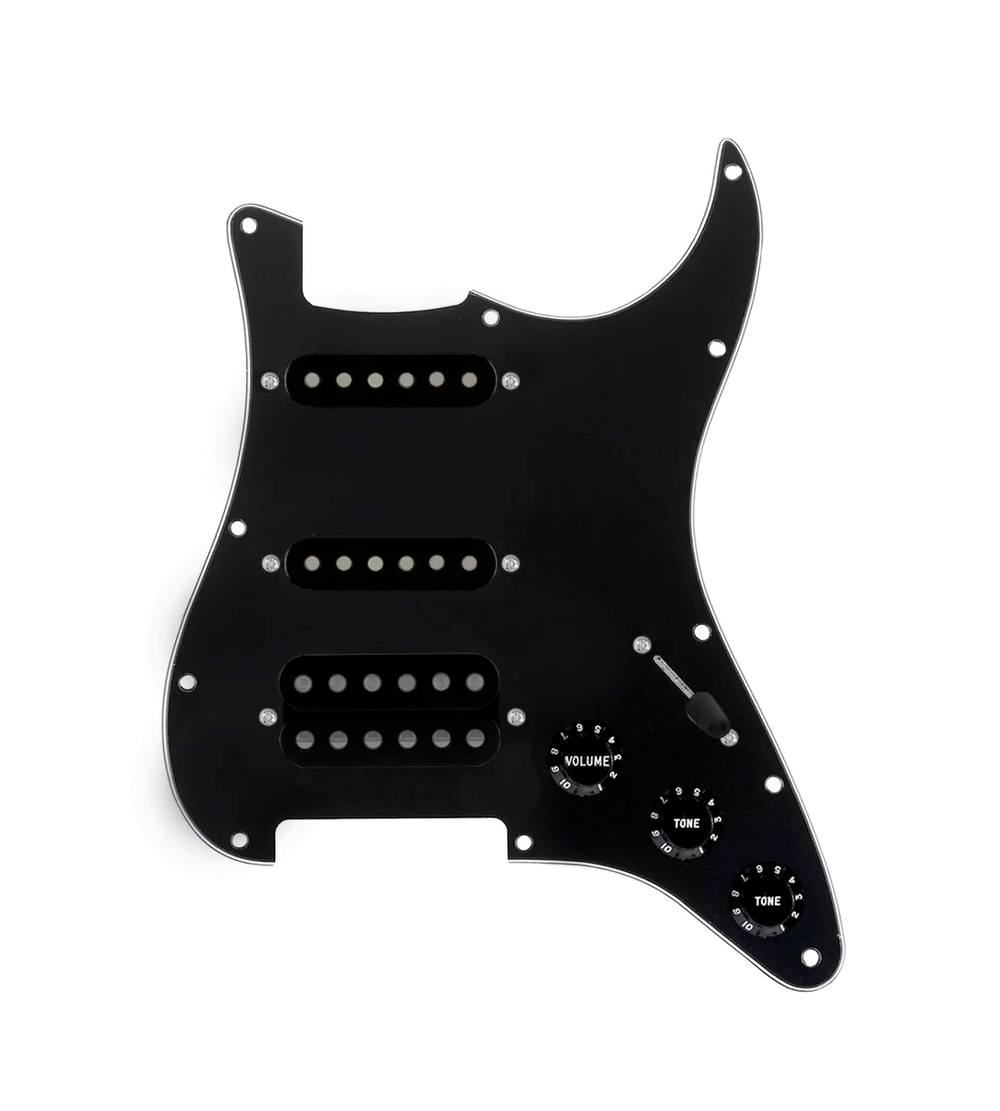 920D Custom HSS Loaded Pickguard For Strat With An Uncovered Cool Kids Humbucker, Black Texas Grit Pickups, Black Knobs, and Black Pickguard