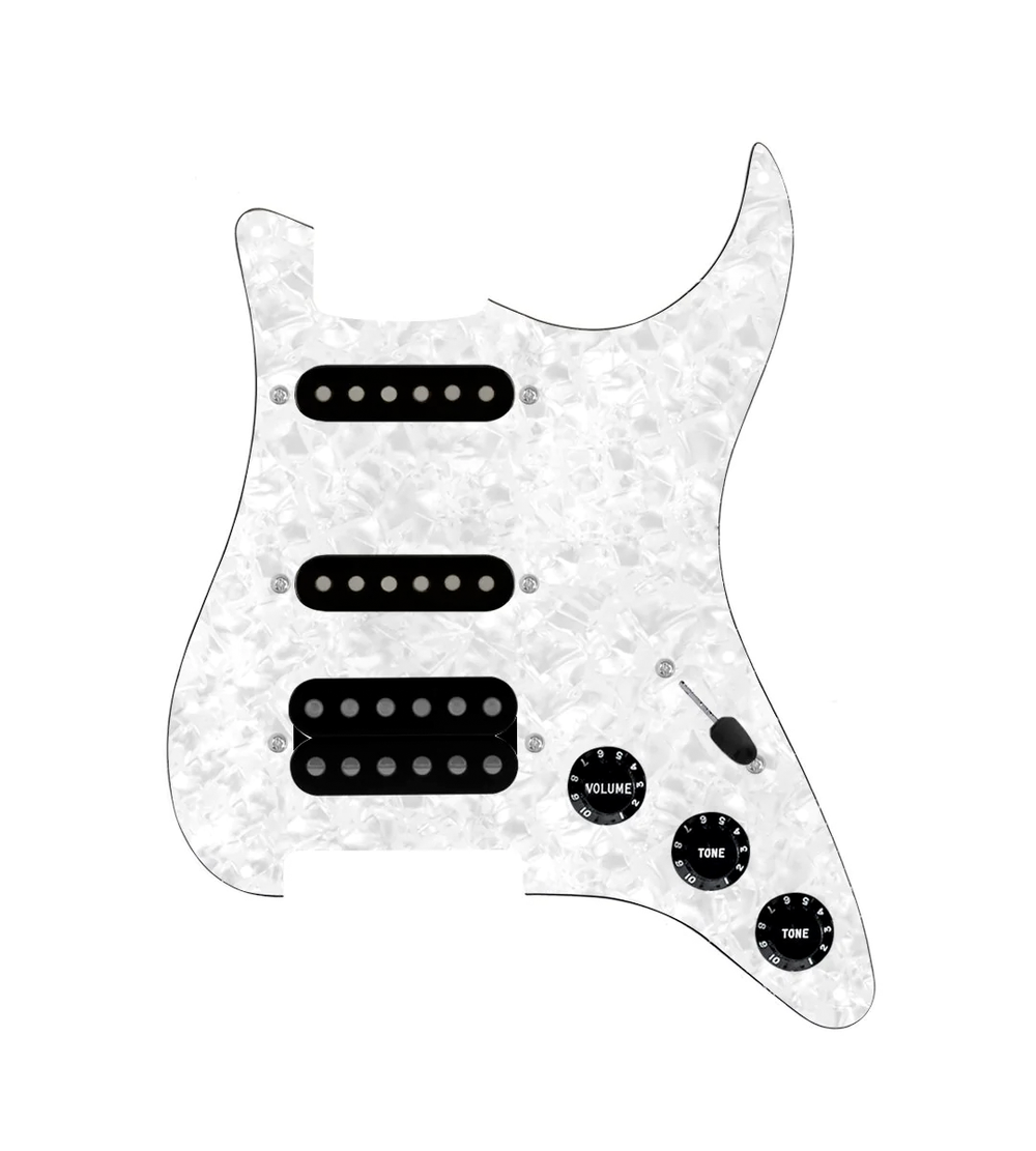 920D Custom HSS Loaded Pickguard For Strat With An Uncovered Cool Kids Humbucker, Black Texas Grit Pickups, Black Knobs, and White Pearl Pickguard