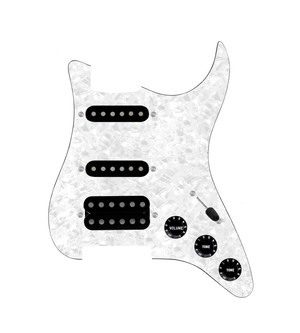 920D Custom HSS Loaded Pickguard For Strat With An Uncovered Cool Kids Humbucker, Black Texas Grit Pickups, Black Knobs, and White Pearl Pickguard