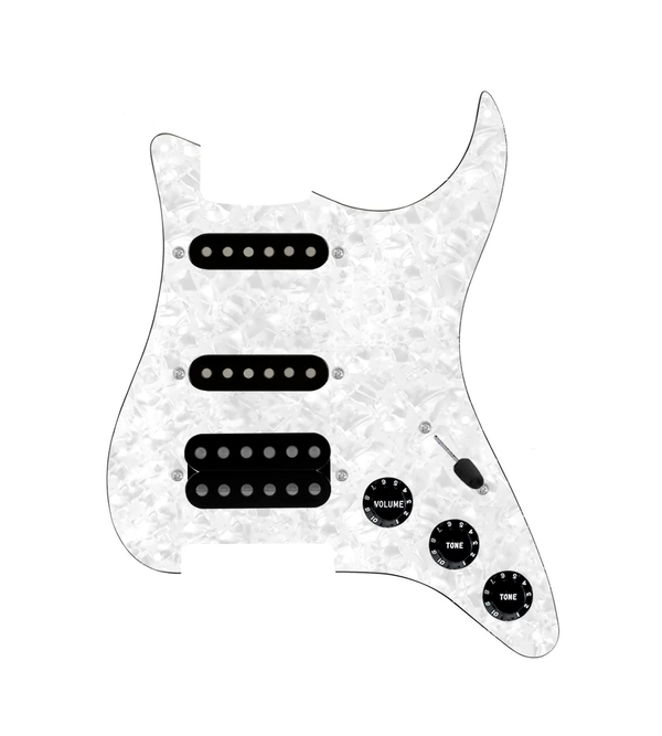 920D Custom HSS Loaded Pickguard For Strat With An Uncovered Cool Kids Humbucker, Black Texas Grit Pickups, Black Knobs, and White Pearl Pickguard