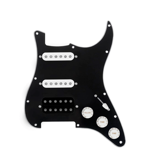 920D Custom HSS Loaded Pickguard For Strat With An Uncovered Cool Kids Humbucker, White Texas Grit Pickups, Black Knobs, and Black Pickguard