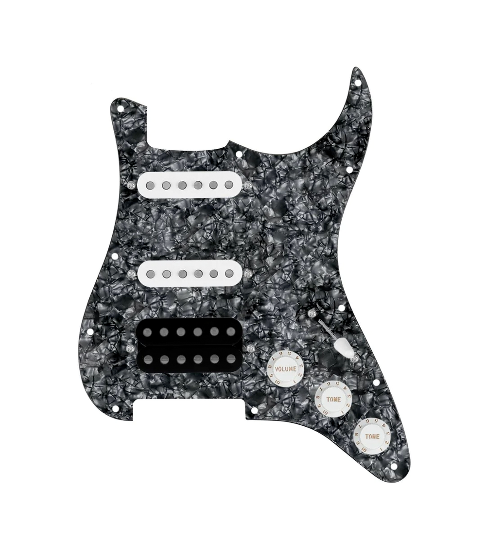 920D Custom HSS Loaded Pickguard For Strat With An Uncovered Cool Kids Humbucker, White Texas Grit Pickups, Black Knobs, and Black Pearl Pickguard