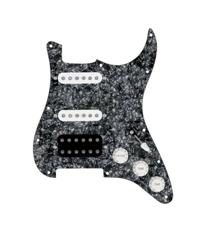 920D Custom HSS Loaded Pickguard For Strat With An Uncovered Cool Kids Humbucker, White Texas Grit Pickups, Black Knobs, and Black Pearl Pickguard