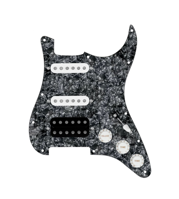 920D Custom HSS Loaded Pickguard For Strat With An Uncovered Cool Kids Humbucker, White Texas Grit Pickups, Black Knobs, and Black Pearl Pickguard