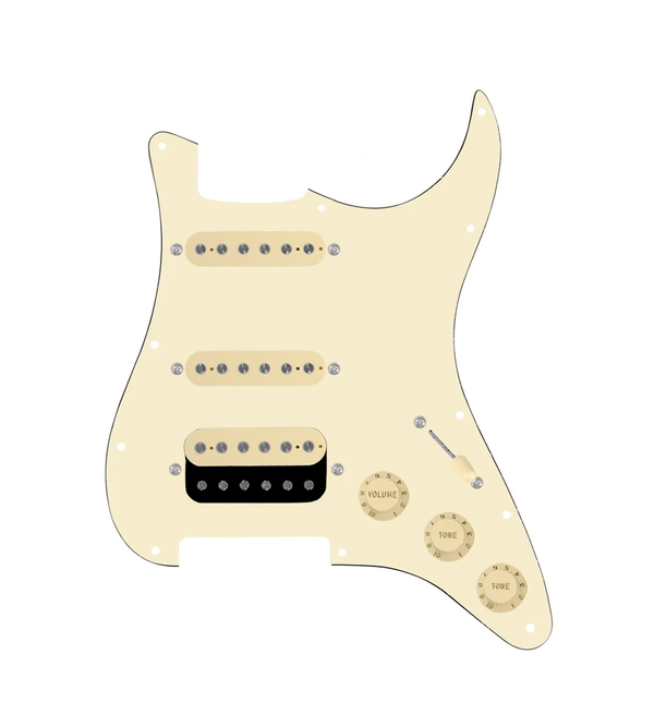920D Custom HSS Loaded Pickguard For Strat With An Uncovered Roughneck Humbucker, Aged White Texas Growler Pickups, Black Knobs, and Aged White Pickguard