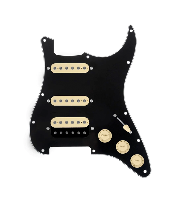 920D Custom HSS Loaded Pickguard For Strat With An Uncovered Roughneck Humbucker, Aged White Texas Growler Pickups, Black Knobs, and Black Pickguard