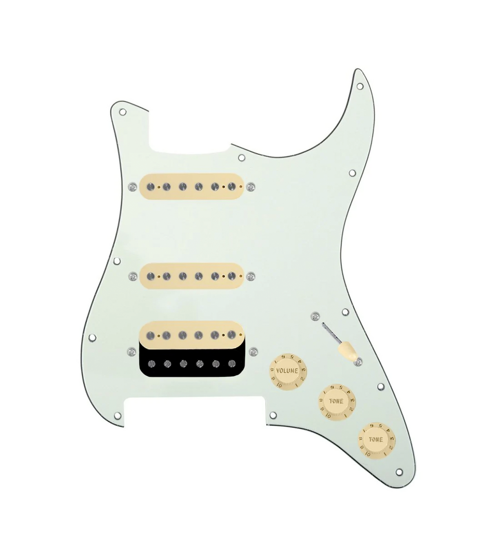 920D Custom HSS Loaded Pickguard For Strat With An Uncovered Roughneck Humbucker, Aged White Texas Growler Pickups, Black Knobs, and Mint Green Pickguard