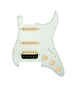 920D Custom HSS Loaded Pickguard For Strat With An Uncovered Roughneck Humbucker, Aged White Texas Growler Pickups, Black Knobs, and Mint Green Pickguard