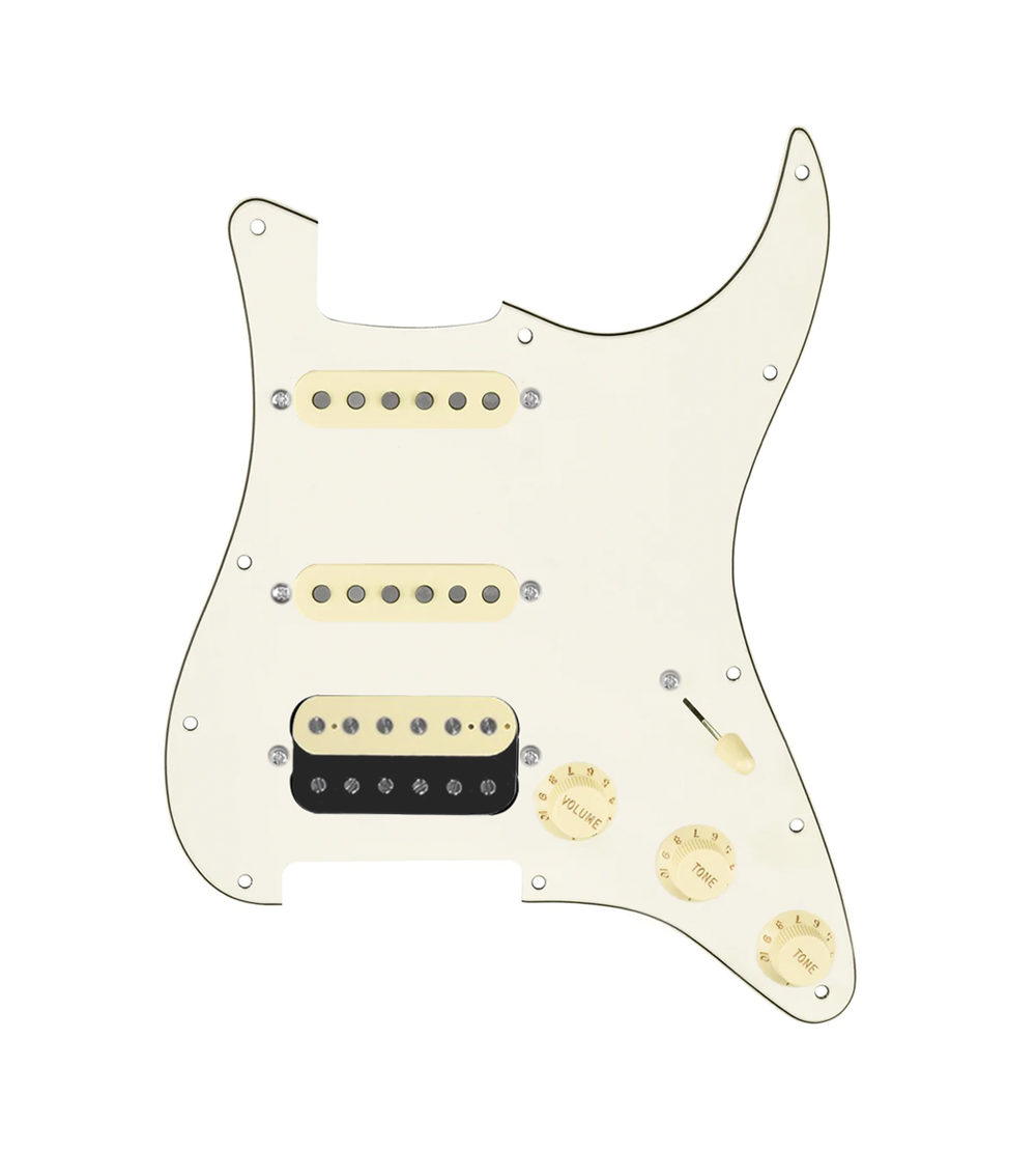 920D Custom HSS Loaded Pickguard For Strat With An Uncovered Roughneck Humbucker, Aged White Texas Growler Pickups, Black Knobs, and Parchment Pickguard