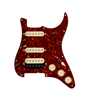 920D Custom HSS Loaded Pickguard For Strat With An Uncovered Roughneck Humbucker, Aged White Texas Growler Pickups, Black Knobs, and Tortoise Pickguard