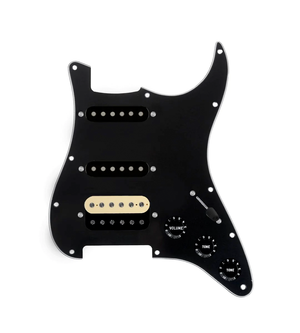 920D Custom HSS Loaded Pickguard For Strat With An Uncovered Roughneck Humbucker, Black Texas Growler Pickups, Black Knobs, and Black Pickguard