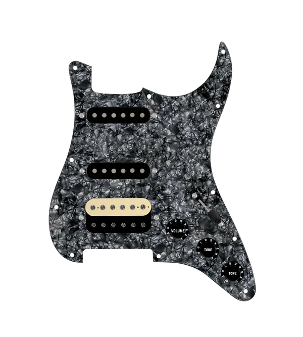 920D Custom HSS Loaded Pickguard For Strat With An Uncovered Roughneck Humbucker, Black Texas Growler Pickups, Black Knobs, and Black Pearl Pickguard