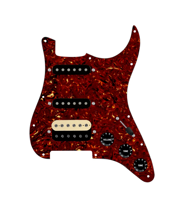 920D Custom HSS Loaded Pickguard For Strat With An Uncovered Roughneck Humbucker, Black Texas Growler Pickups, Black Knobs, and Tortoise Pickguard