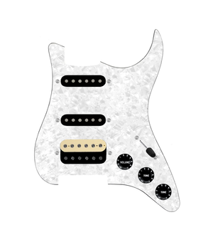 920D Custom HSS Loaded Pickguard For Strat With An Uncovered Roughneck Humbucker, Black Texas Growler Pickups, Black Knobs, and White Pearl Pickguard