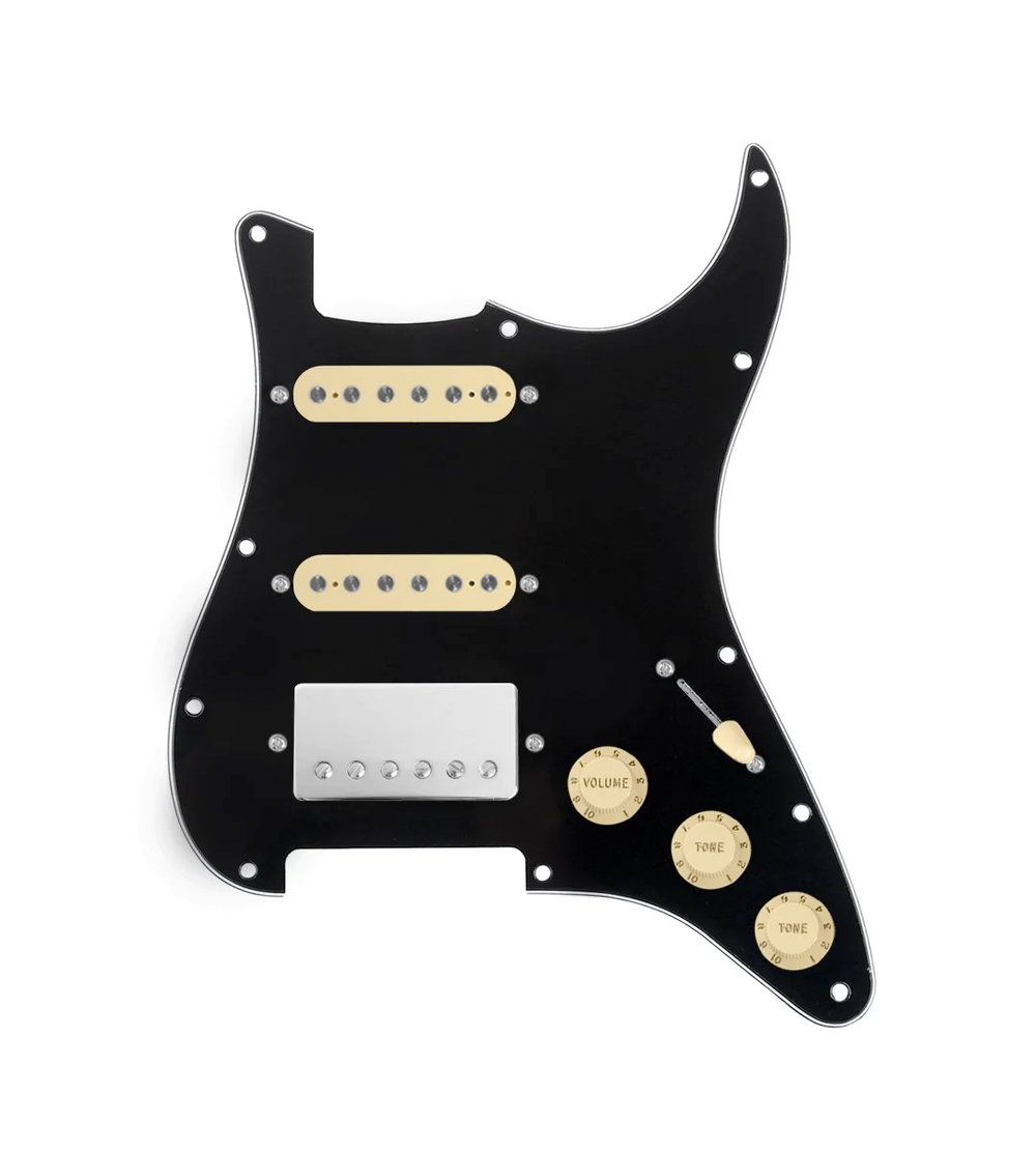 920D Custom HSS Loaded Pickguard For Strat With A Nickel Smoothie Humbucker, Aged White Texas Vintage Pickups, Aged White Knobs, and Black Pickguard