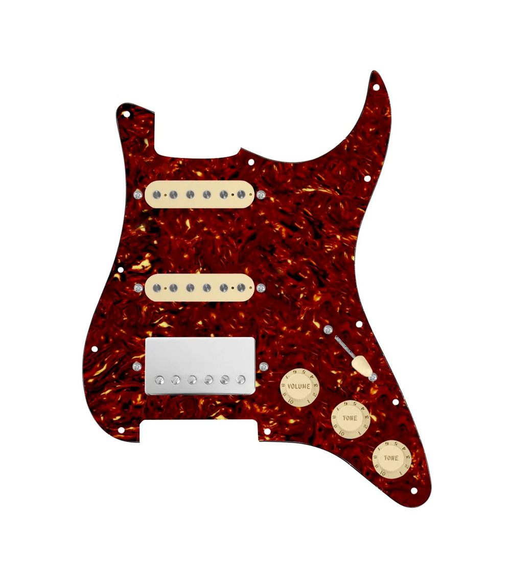 920D Custom HSS Loaded Pickguard For Strat With A Nickel Smoothie Humbucker, Aged White Texas Vintage Pickups, Aged White Knobs, and Tortoise Pickguard