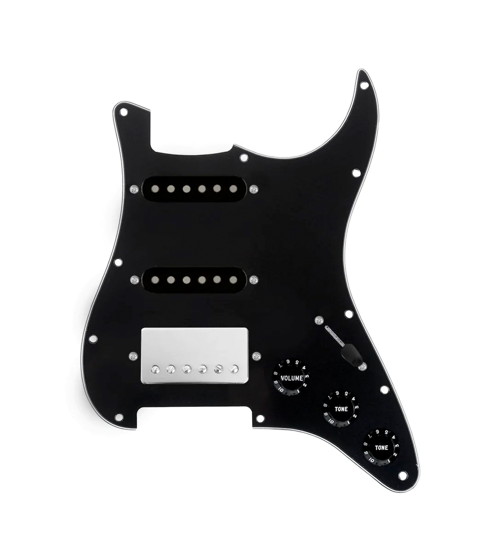 920D Custom HSS Loaded Pickguard For Strat With A Nickel Smoothie Humbucker, Black Texas Vintage Pickups, Black Knobs, and Black Pickguard
