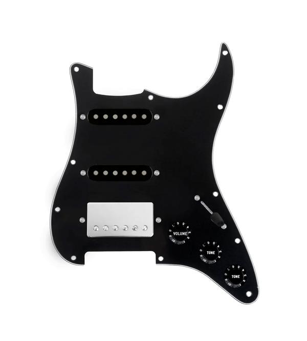 920D Custom HSS Loaded Pickguard For Strat With A Nickel Smoothie Humbucker, Black Texas Vintage Pickups, Black Knobs, and Black Pickguard
