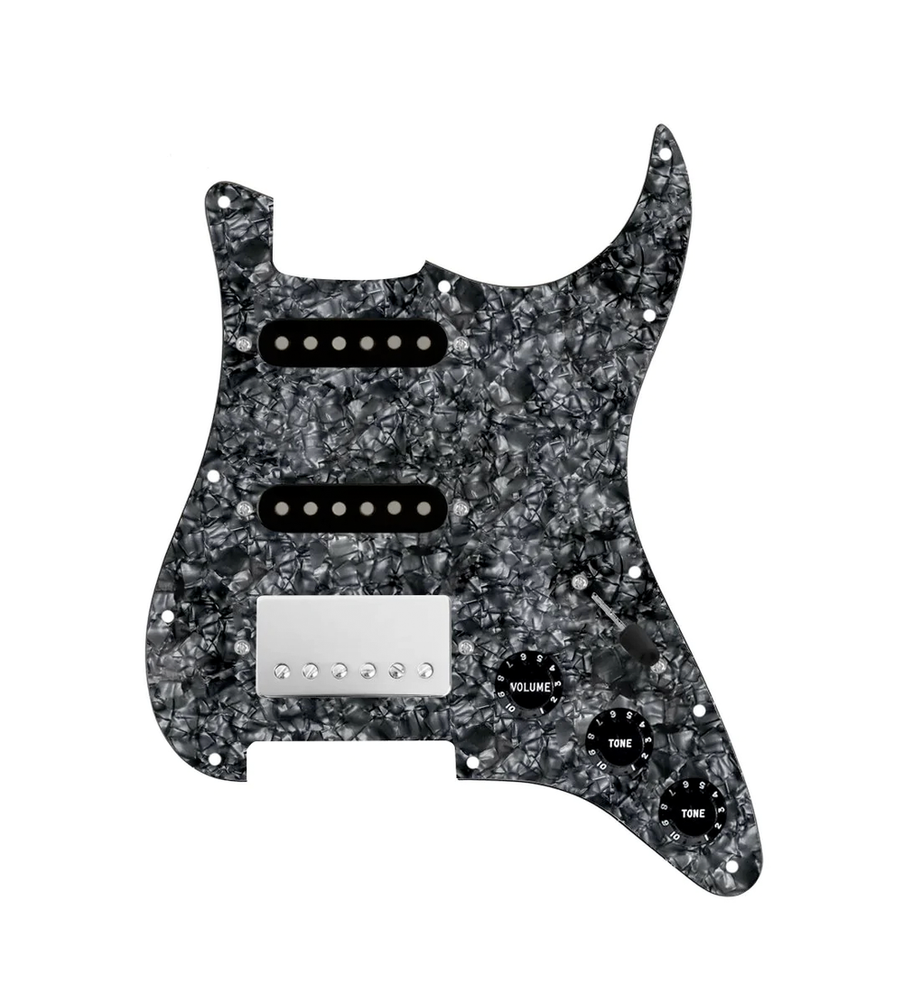 920D Custom HSS Loaded Pickguard For Strat With A Nickel Smoothie Humbucker, Black Texas Vintage Pickups, Black Knobs, and Black Pearl Pickguard