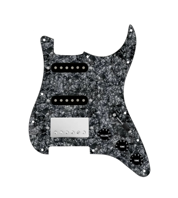 920D Custom HSS Loaded Pickguard For Strat With A Nickel Smoothie Humbucker, Black Texas Vintage Pickups, Black Knobs, and Black Pearl Pickguard