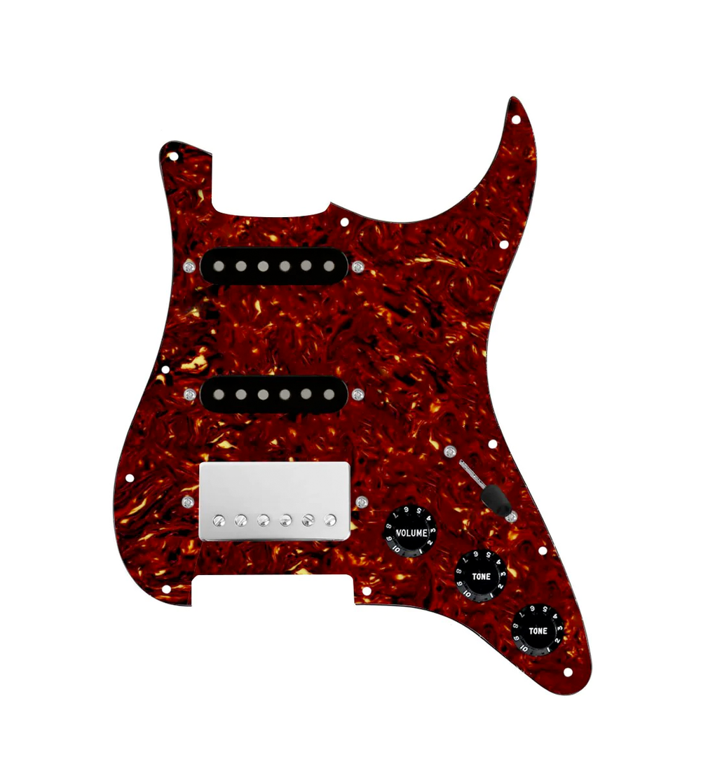 920D Custom HSS Loaded Pickguard For Strat With A Nickel Smoothie Humbucker, Black Texas Vintage Pickups, Black Knobs, and Tortoise Pickguard
